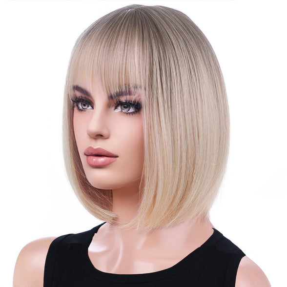 WTHCOS Ombre Blonde Bob Wigs for Women Short Straight Blonde Wig with Bangs Blonde Wig with Dark Roots Mixed Blonde Wigs Synthetic Wigs with Wig Cap (Ombre Blonde)