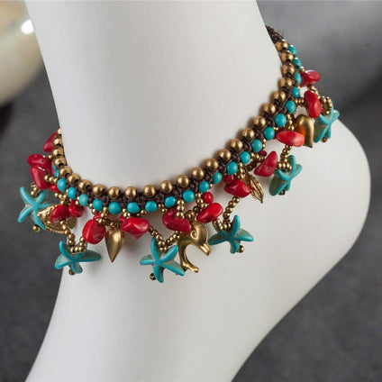 YELLOW CHIMES Bohemian Starfish Charms Beaded Bracelet Cum Anklet for Women and Girls