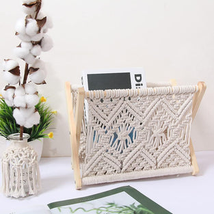 Macrame Magazine Rack Small Boho Magazine Holder Storage Standing Basket for Books, Newspapers, Notebook, Swaddle Blanket, Living Room, Bathroom, Office, Nursery, Home Decor