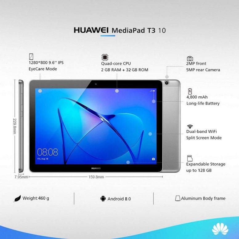 HUAWEI MediaPad T3 10 – 9.6 Inch Android 8.0 Tablet, HD IPS Display with Eye-Comfort Mode, 32GB, Dual Stereo Speakers, 4800mAh, up to 9.8 hours video playback, Children's Corner, Grey