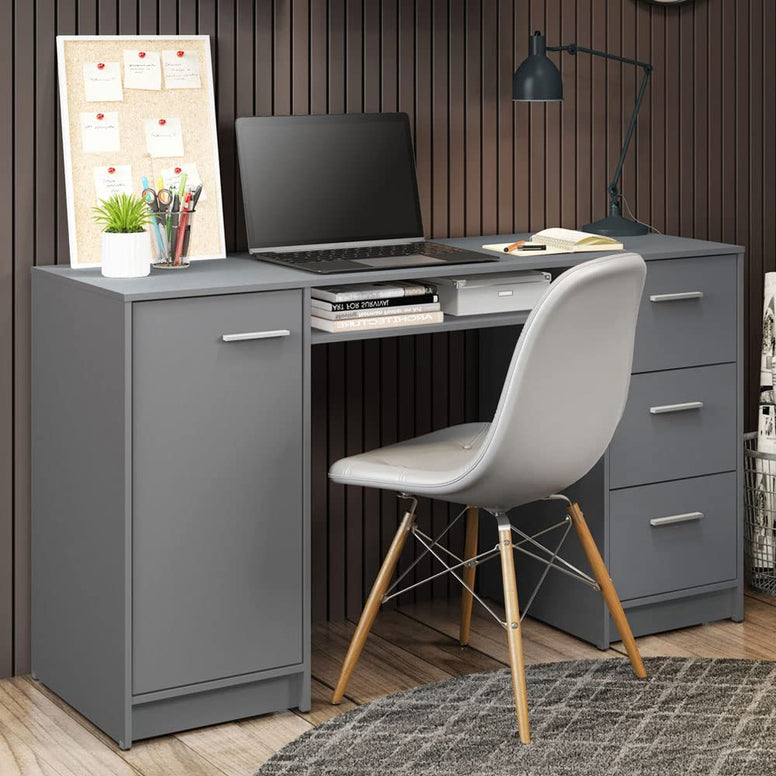 MADESA Home Office Computer Writing Desk with 3 Drawers, 1 Door and 1 Storage Shelf, Wood, 136 W x 77 H x 45 D Cm – Grey