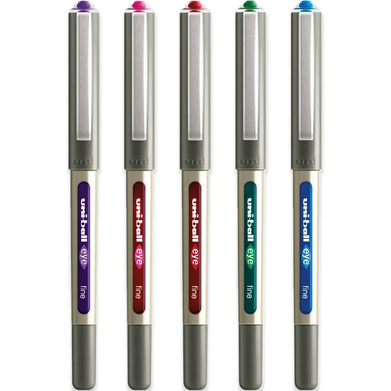 Uni-Ball UB-157 Eye Rollerball Pen Set - Pack of 5 Swatch Colours (Green, Light Blue, Pink, Orange, Wine Red) UB157 Blister Carded UB157