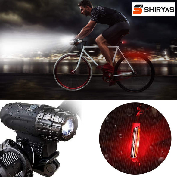 Shiryas Super Bright Bike Light Set USB Rechargeable Front Headlight & Back LED Rear Bicycle Light for Cycle Safety Flashlight (USBs Included)