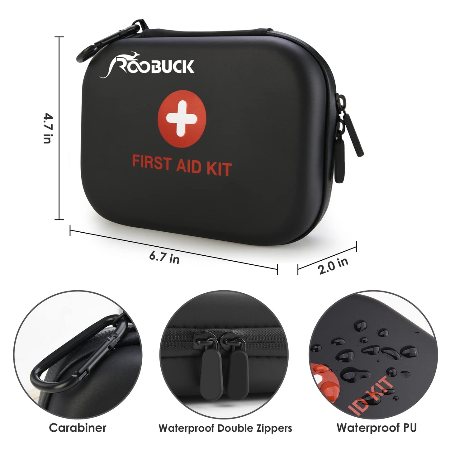 Roobuck First Aid Kit for Hiking, Backpacking, Camping, Travel, Car & Cycling. with Waterproof Laminate Bags You Protect Your Supplies! Be Prepared for All Outdoor Adventures or at Home & Work (Black)