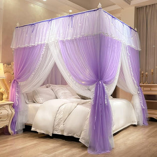 Mengersi Canopy Bed Curtains with Lights,4 Corner Bed Canopy Royal Luxurious Bed Drapes Netting,Princess Bed Curtains for Girls Adults Bedroom Decoration (Purple, Queen)