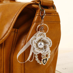 Goodern Camellia Pearl Pendant Keychain,Fashion Flower Keychain with Love Pendant Creative Camellia Ribbon Pearl Keychain Crafts Key Pendant Car Handbag Key Ring Decorations for Women Girl-White