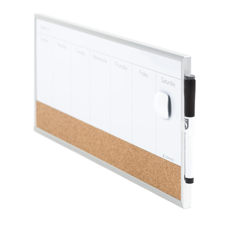 U Brands Magnetic Aluminum Frame Dry Erase/Cork Weekly Calendar, 18-Inch X 7.5-Inch Size, Silver