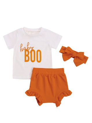 3Pcs/Set Baby Girl Halloween Outfit, Boo Print T-Shirt Tops Ruffle Shorts Headband Clothes (0-6 Months)