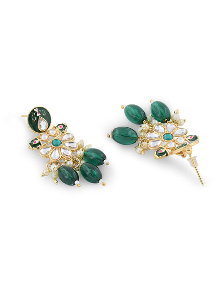 Zaveri Pearls Green Pink Meenakari Multistrand Beaded Long Kundan Necklace Earring & Ring Set For Women-ZPFK15624