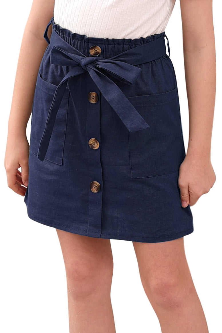 GORLYA Girls Paper Bag Elastic Waist Button Trim Front Belted Skirts with Pockets 4-14T(GOR1112, 9-10Y, Navy)