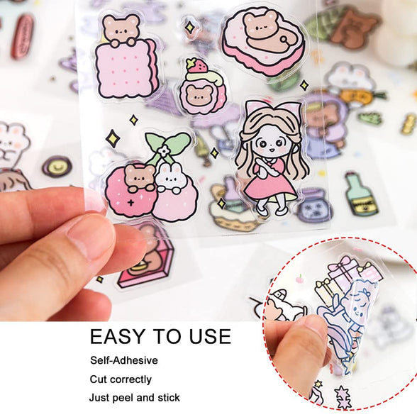 Stickers Set, TERRIFI 100 Sheets 600+ Small Pieces Cute PET Transparent Cartoon Character Animal Flower Decorative Scrapbook Sticker Decal for DIY Arts Crafts, Album, Planners, Calendars and Notebook