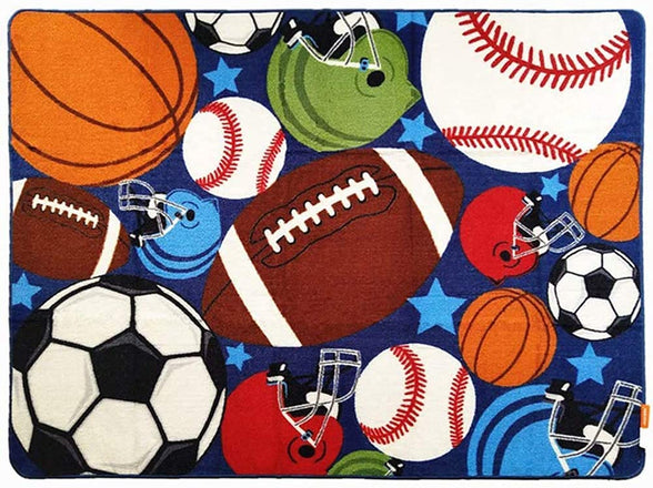 HUAHOO Blue Kids Rug Fun Sport Rugs Nylon Carpet Boys Girls Childrens Rug Balls Print with Soccer Ball, Basketball, Football, Tennis Ball Bedroom Playroom 80 x 120cm(31.5'' x 47'') gray 43383-36441
