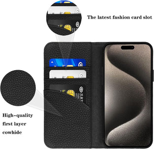 LANJLM iPhone 15 Pro Max Wallet Case Genuine Leather Antimagnetic Card Holder Flip Cover Shockproof iPhone 15 Pro Max Cases - Black