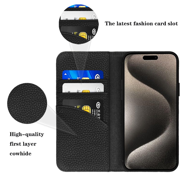 LANJLM iPhone 15 Pro Max Wallet Case Genuine Leather Antimagnetic Card Holder Flip Cover Shockproof iPhone 15 Pro Max Cases - Black