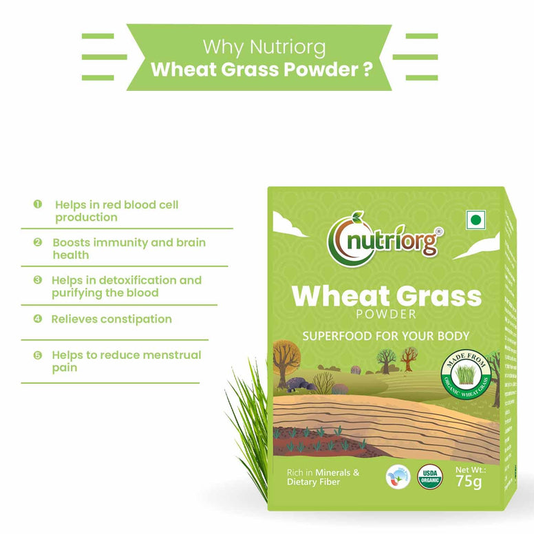nutriorg Organic Wheat Grass Powder 100g | 100% Whole-Leaf Wheat Grass Powder for Energy, Detox & Immunity Support, Chlorophyll Providing Greens