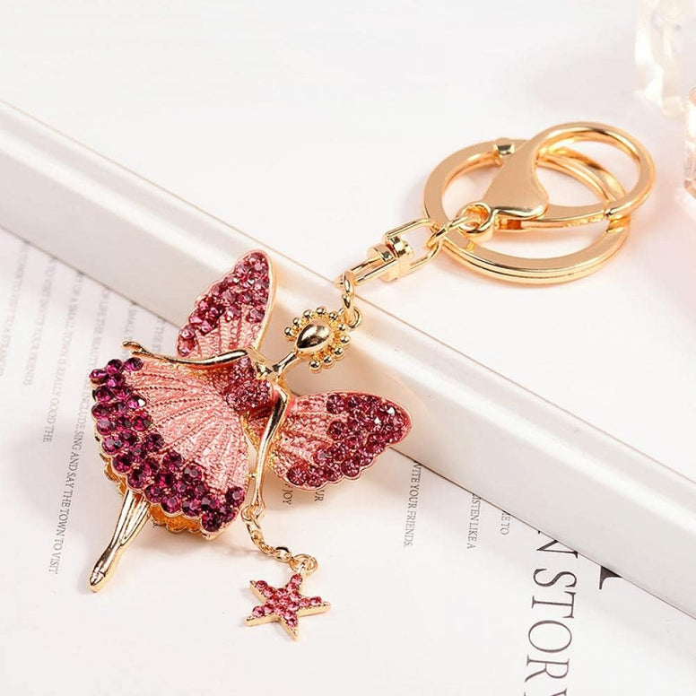 Goodern Butterfly Wing Fairy Keychain,Rhinestone Dancing Ballet Sparkling Crystal Keyring Pendant Sparkling Car Key Chain Charm Decor Ballet Dancer Pendant Gift for Women Girls Wallet Handbags-Pink