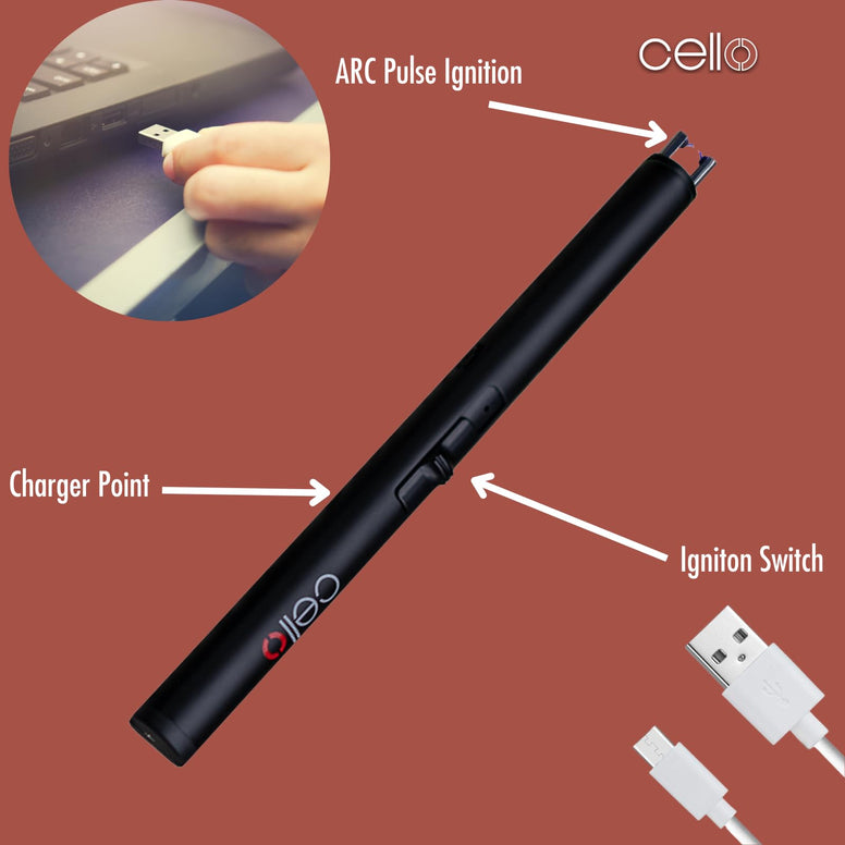 Cello Black Electric Flameless Lighter. Electric Rechargeable Arc Lighter. Rechargeable USB Lighter. Candle Lighter for Camping Stove & Tea Lights. Ideal Camping Accessories & Home Accessories.