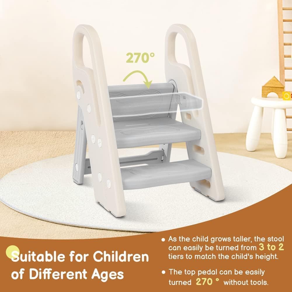 Hcosmy Foldable Toddler Step Stop for Bathroom Sink, Adjustable 3 Step Stool for Kids Toilet Potty Training Stool, Child Kitchen Counter Stool Helper, Plastic Ladder for Toddlers (grey)