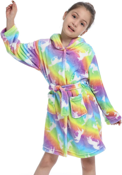 Z-YQL Kid Girls Bathrobe Dressing Gown Novelty Hooded Nightgown Fleece Comfy Flannel Soft Robe Colorful