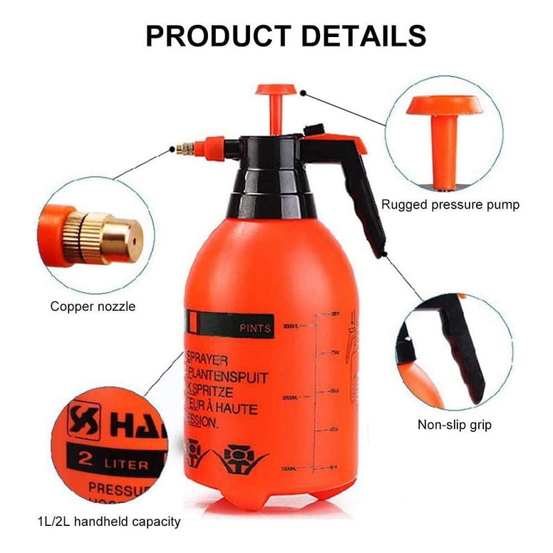 MARGOUN 2L Pressure Sprayer Watering Bottle Spray, Portable Pressurized Sprayer Multifunctional Pressure Watering Bottle for Garden, Plant, Flower (2 Litre, Orange)