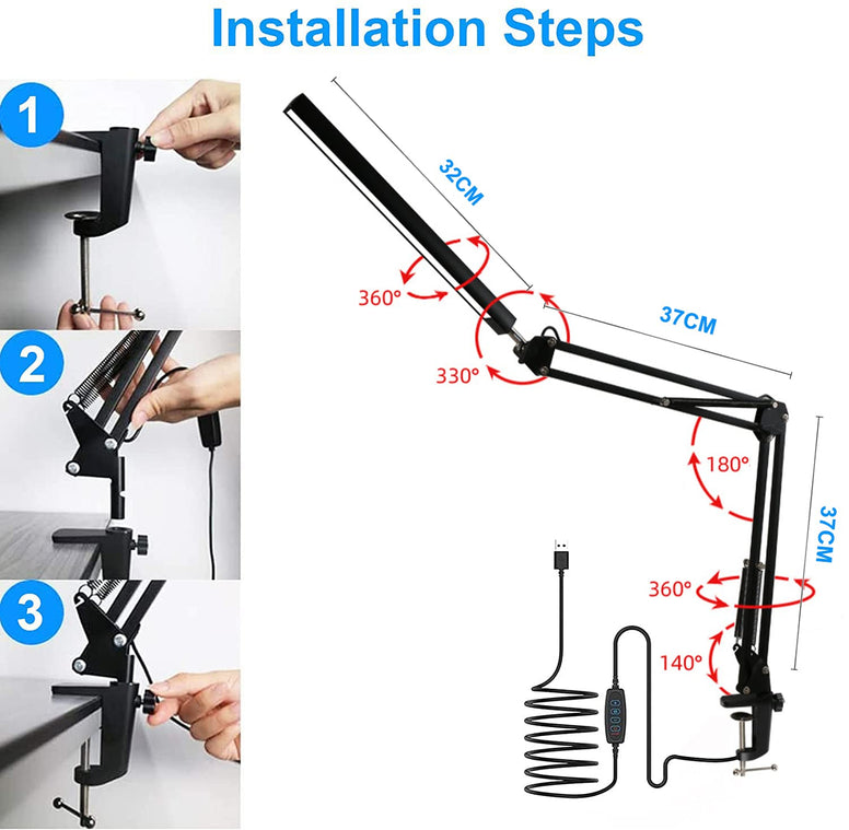 Necomi LED Desk Lamp  With Clamp, 3 Lighting 10 Brightness Eye-Caring Modes, Reading Desk Lamps for Home Office 360 Degree Spin with Memory Function 12W-Black