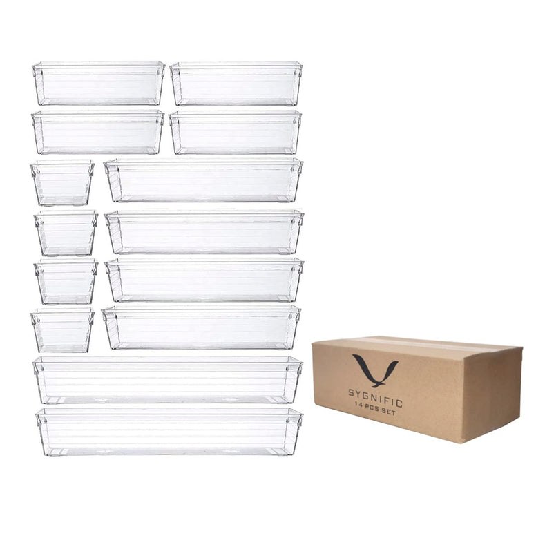 SYGNIFIC 14 Pcs Desk Drawer Organizer Trays 4-Size Bathroom Drawer Dividers Plastic Vanity Organizers Storage Bins for Makeups, Jewelries, Dresser, Kitchen Utensils and Office Supplies ()