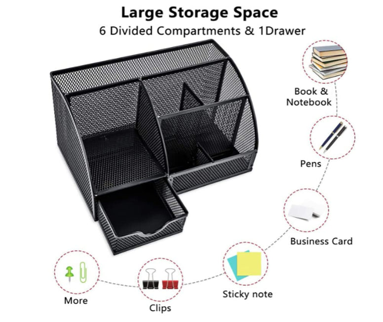 CLOUDFOUR Mesh Desk Organizer Office Supplies Multi-Functional Caddy Pen Holder Stationery Organizer for Office, Home, School, Classroom (6 Compartments and 1 Drawer)