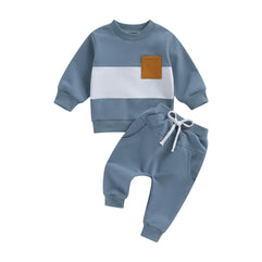 BeQeuewll Fall Winter Toddler Baby Boy Clothes 2Pcs Color Block Crewneck Sweatshirt and Pants Sweatsuit Little Boy Clothing (0-6 Months)