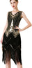 Great Gatsby 1920's Party Sequin Tassel Flapper Dress V Neck Vintage Beaded Evening Dress, Blackgold/M