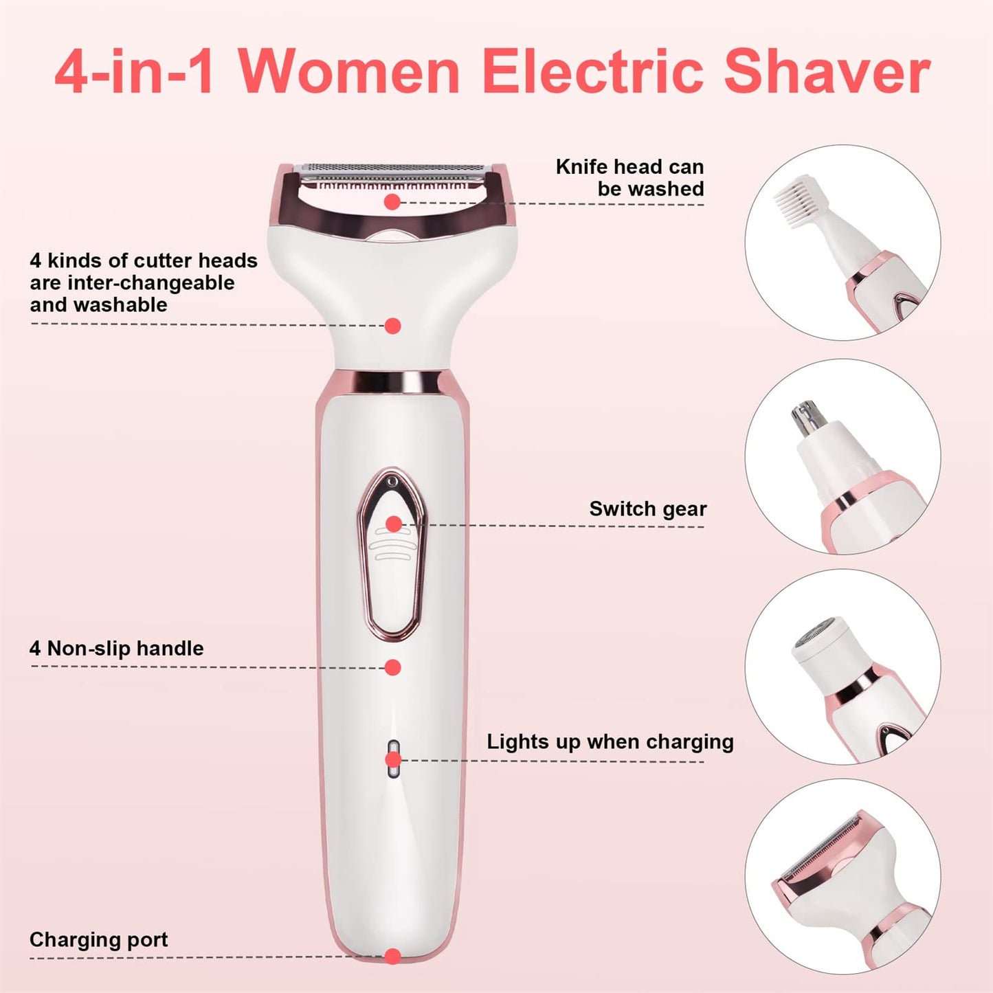 Arabest Electric Lady Shaver, 4 In 1 Electric Razor for Women, USB Rechargeable Cordless Hair Removal Set, Painless Hair Trimmer for Bikini Area Nose Armpit Underarms Nose Eyebrow Body Hair