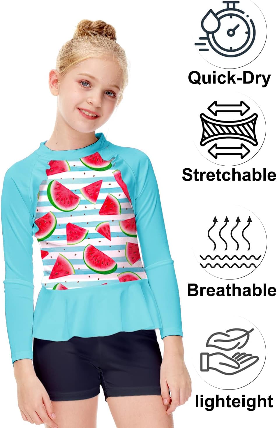 AOBUTE Girls Rash Guard Shirt Raglan Long Sleeve Ruffle Hem Swim Tops 3-12 Years