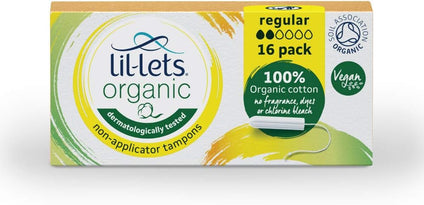 Lil-Lets Organic Non-Applicator Tampon - Regular - 100% Organic Super Soft Cotton - Fast Absorption - Perfect Leak Proof Protection - Fragrance Free - Skin Friendly - 16 Units