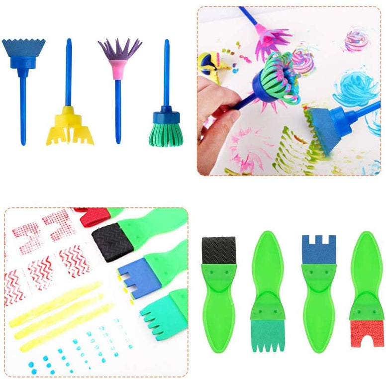 Mumoo Bear Kids Early Learning Sponge Painting Brushes Kit, 42 Pieces Sponge Drawing Shapes Paint Craft Brushes For Toddlers Assorted Pattern, Including Children Waterproof Art Painting Smock Apron