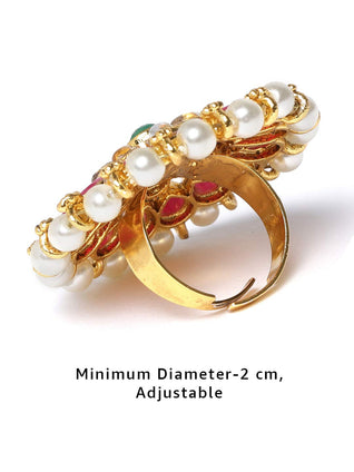 ZAVERI PEARLS Pink And Green Stones And Pearls Base Metal Flower Traditional Finger Ring For Women - Zpfk9544