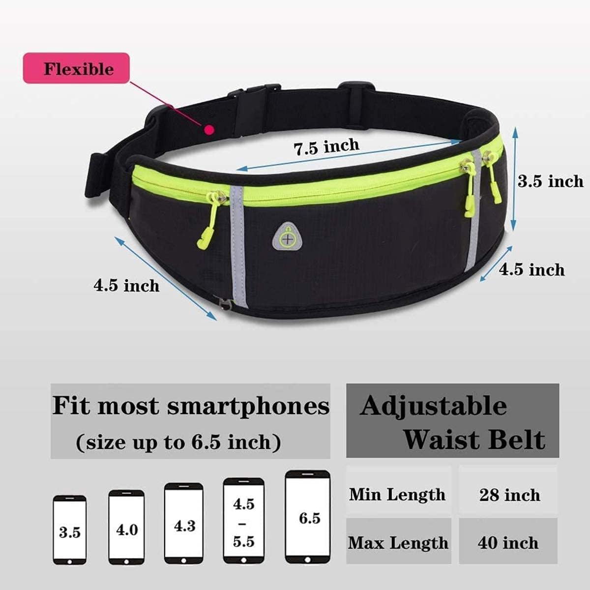 AMERTEER Slim Running Belt Fanny Pack,Waist Pack Bag for Hiking Cycling Workout,Reflective Runners Belt Jogging Pocket Belt Compatible with iPhone13,12 pro,Travelling Money Phone Holder for Running