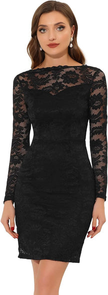 Allegra K Women's Elegant Long Sleeve Dress Pencil Dress Lace Floral Lace Bodycon Mini Dress