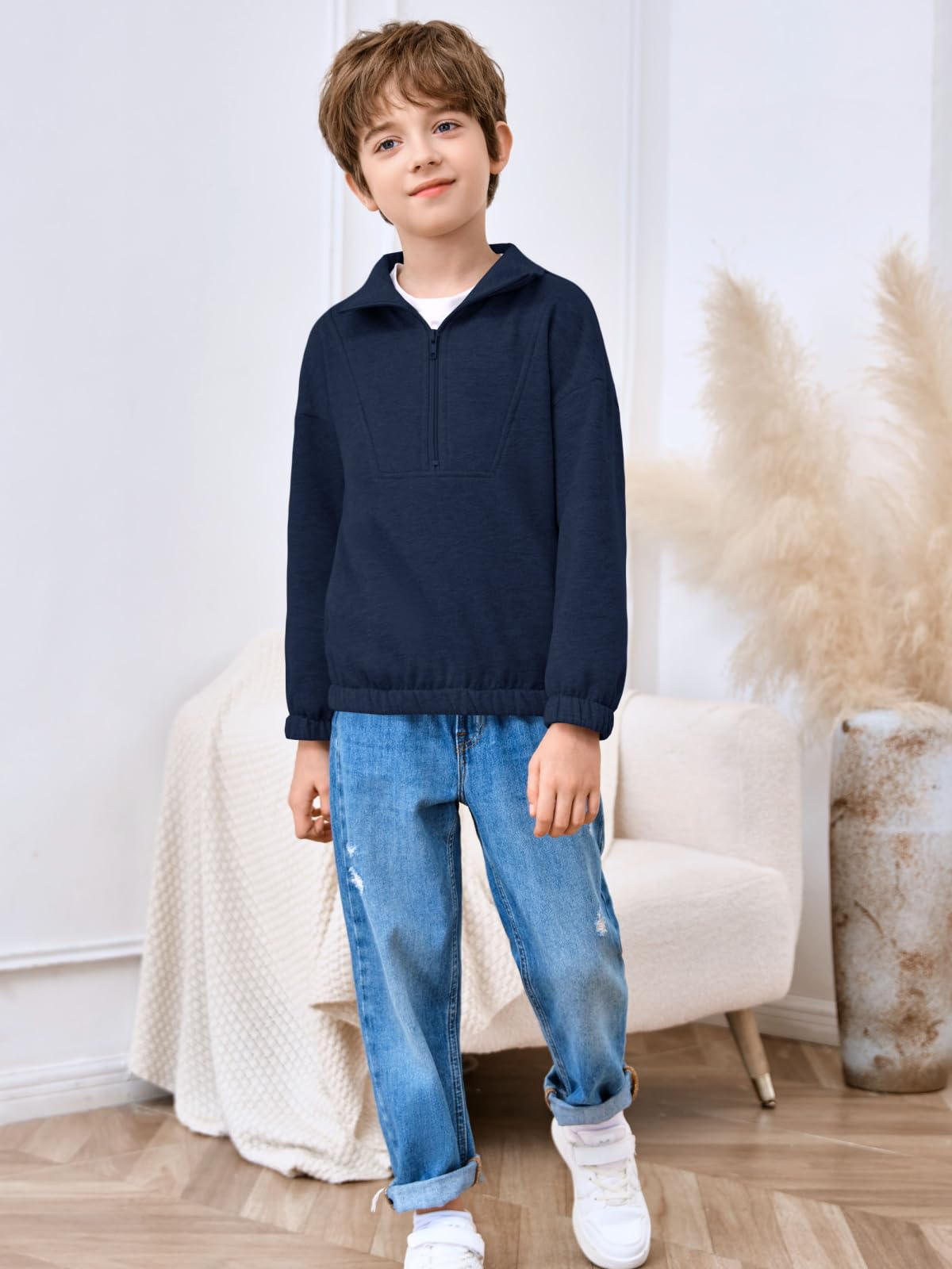 Haloumoning Boys Fleece Sweatshirt Half Zip Pullover Long Sleeve Stand Collar Fashion Tops 5-14 Years