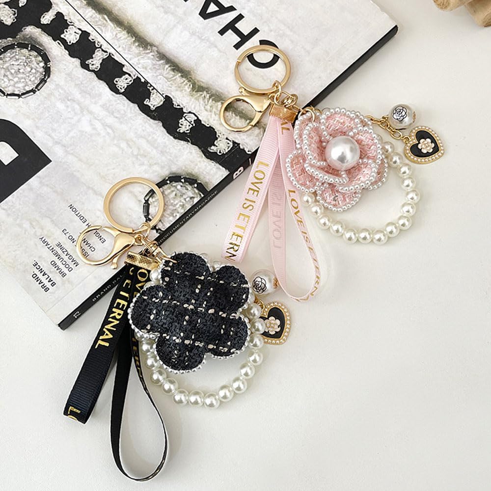 Goodern Camellia Pearl Pendant Keychain,Fashion Flower Keychain with Love Pendant Creative Camellia Ribbon Pearl Keychain Crafts Key Pendant Car Handbag Key Ring Decorations for Women Girl-White