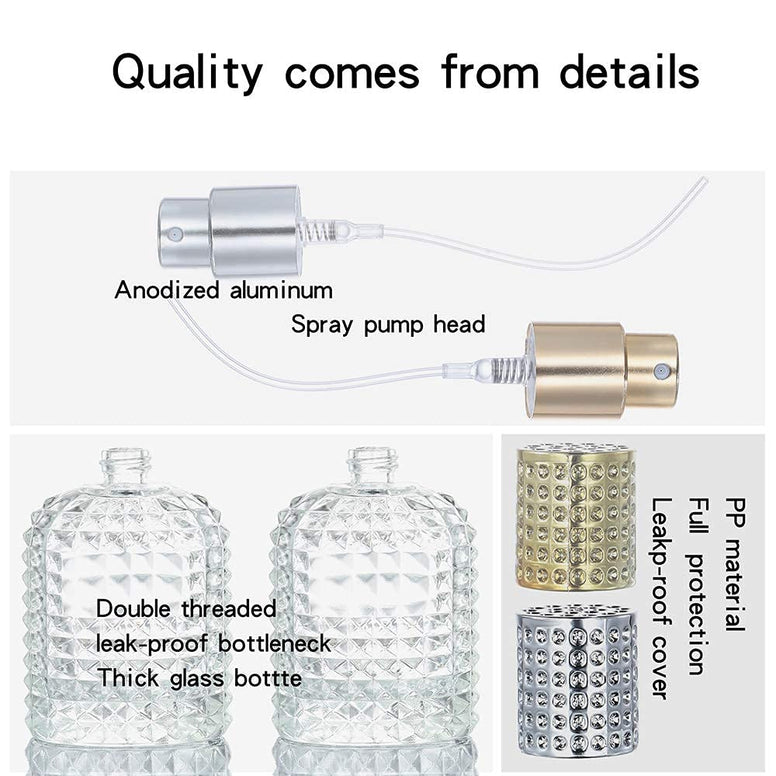 2 Pack 30ml 50ml Clear Empty Glass Spray Bottles，Refillable Empty Atomizer Perfume Bottles，Atomizer Spray Bottle With 4 Free kinds of perfume dispenser (50ml Silver cap and 30ml Silver cap) (Silver)