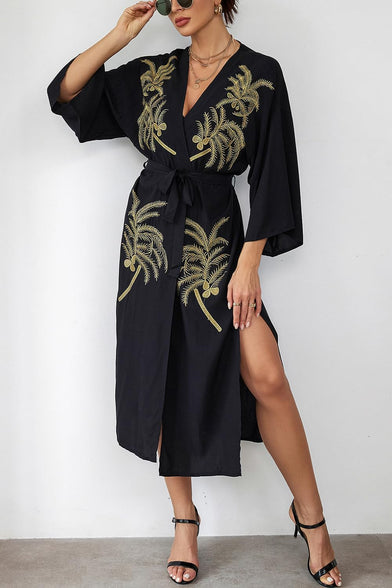 YouKD Embroidered Kaftan Dress Boho Beach Bikini Cover Up Robe Plus Size Loungewear for Women