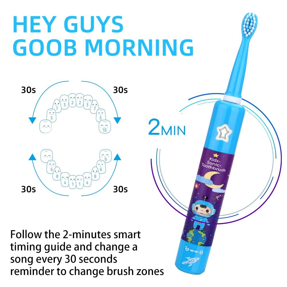 Miklife Kid Musical Electric Toothbrushes 4 Modes 2 Min Timer, 4 Brush Head Rechargeable Sonic ChildrenToothbrush Smart Music Play Song for Boy Age 3-16