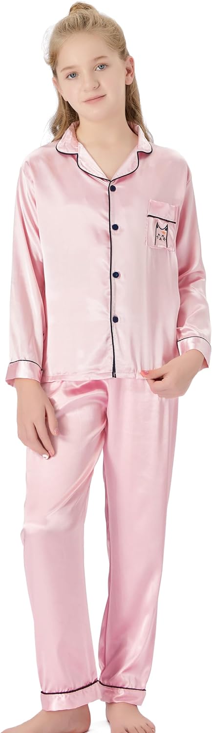 Satin Pajamas for Girls – Coat Style Unicorn Long Sleeve Silk Button Down PJ Set Size 6-16