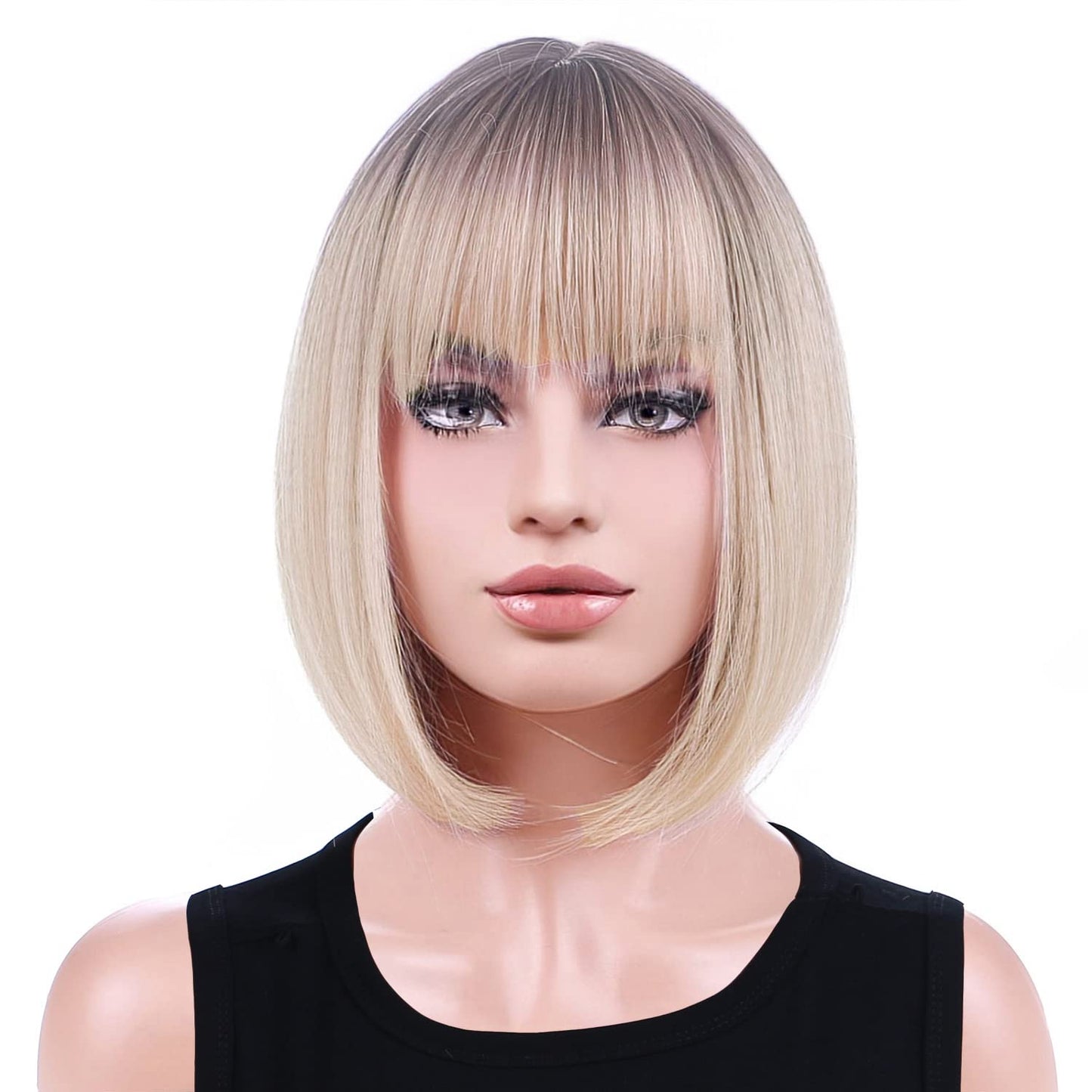 WTHCOS Ombre Blonde Bob Wigs for Women Short Straight Blonde Wig with Bangs Blonde Wig with Dark Roots Mixed Blonde Wigs Synthetic Wigs with Wig Cap (Ombre Blonde)