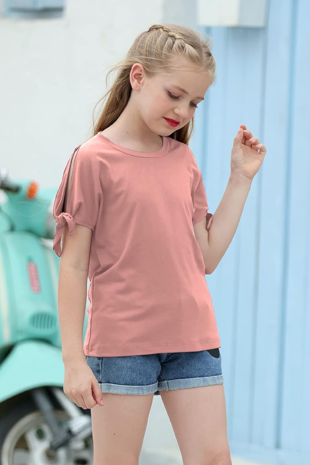 GORLYA Girl's Cut Slit Sleeve Tie knot Cuff Stripe Tunic T-shirt Casual Pullover Top for 4-14T Kids