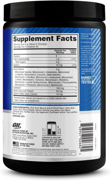 Optimum Nutrition (ON) Amino Energy - Pre Workout With Green Tea, Bcaa, Amino Acids, Keto Friendly, Green Coffee Extract, 0 Grams of Sugar, Anytime Energy Powder - Blue Raspberry, 270 G , 30 Servings