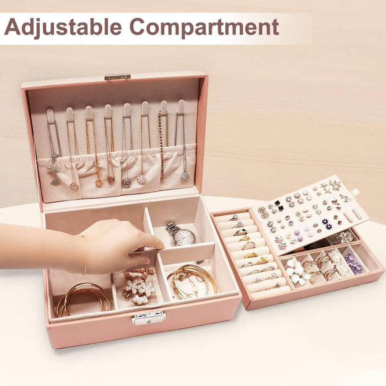 ANTOLE Jewelry Box for Women Girls,2 Layer Jewelry Organizer with Removable Tray Display, PU Leather Display Jewellery Holder for Earring, Ring, Bracelet, Necklace (Pink)