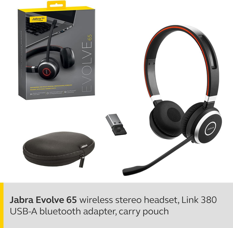 Jabra Evolve 65 Wireless Stereo On-Ear Headset – UC Certified Headphones With Long-Lasting Battery – USB Bluetooth Adapter – Black