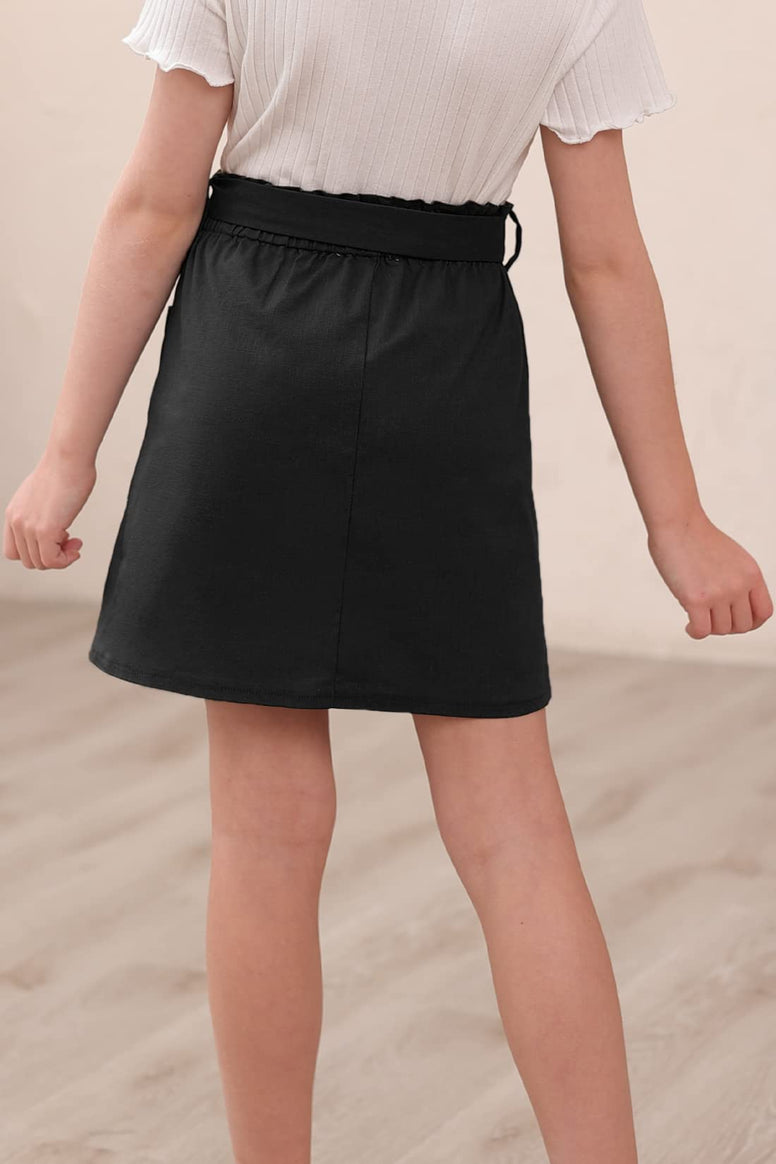 GORLYA Girls Paper Bag Elastic Waist Button Trim Front Belted Skirts with Pockets 4-14T