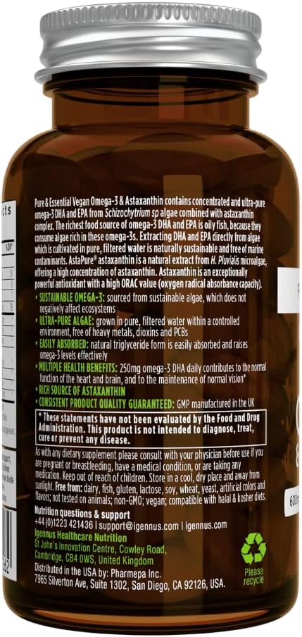 Pure & Essential Vegan Omega 3 & Astaxanthin, High Concentration EPA DHA Algae Oil, Sustainable & Pure, 600mg DHA & EPA for Heart, Brain & Eye Health, 60 Small Softgels