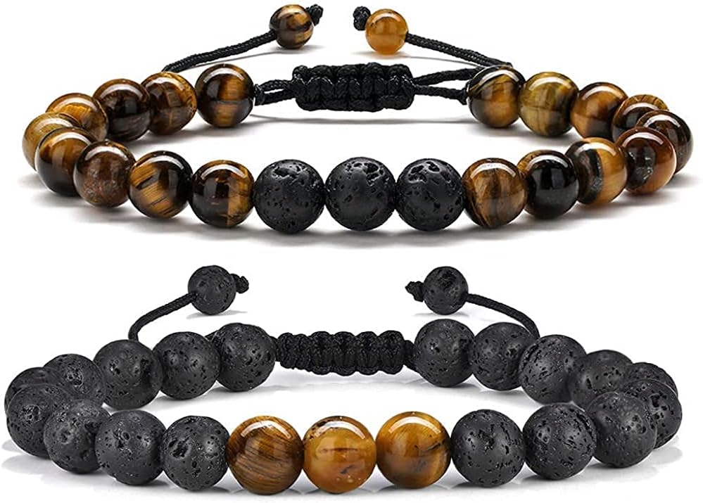 KASTWAVE Men's Bracelets-Bracelet, Beaded Bracelet, 8mm Tiger Eye Lava Stone, Stress Relief Adjustable Tiger Eye Bracelet Aroma Essential Oil Diffuser Lava Bracelet Men’s Gift